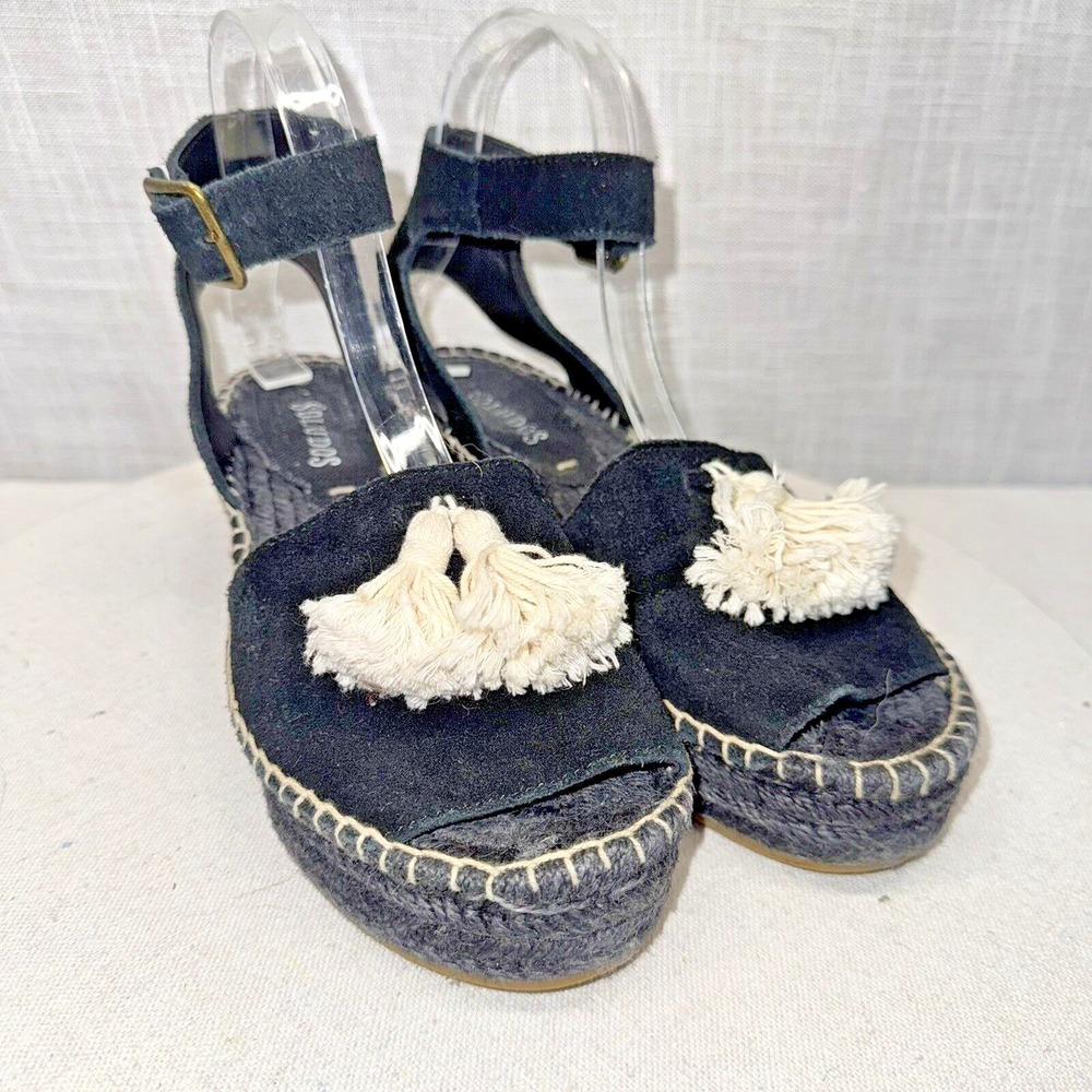 Soludos Tassel Espadrille Sandals Wmns 7 Black Suede Wedge Platform Boho Coastal